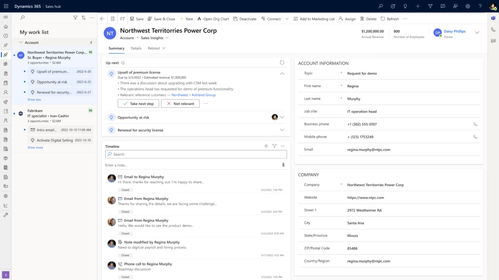 Screenshot depicting upsell recommendation for an account in Dynamics 365 Sales.