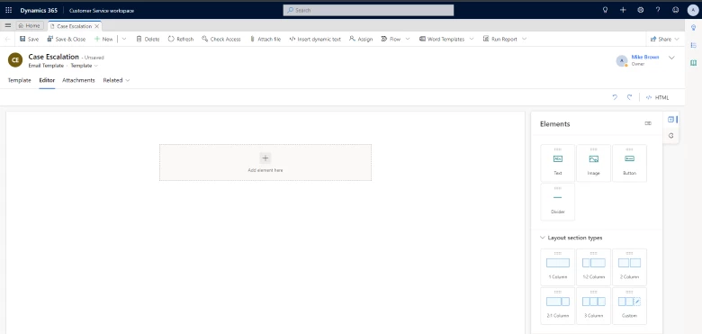 Image of Customer Service workspace showing the enhanced email template editor