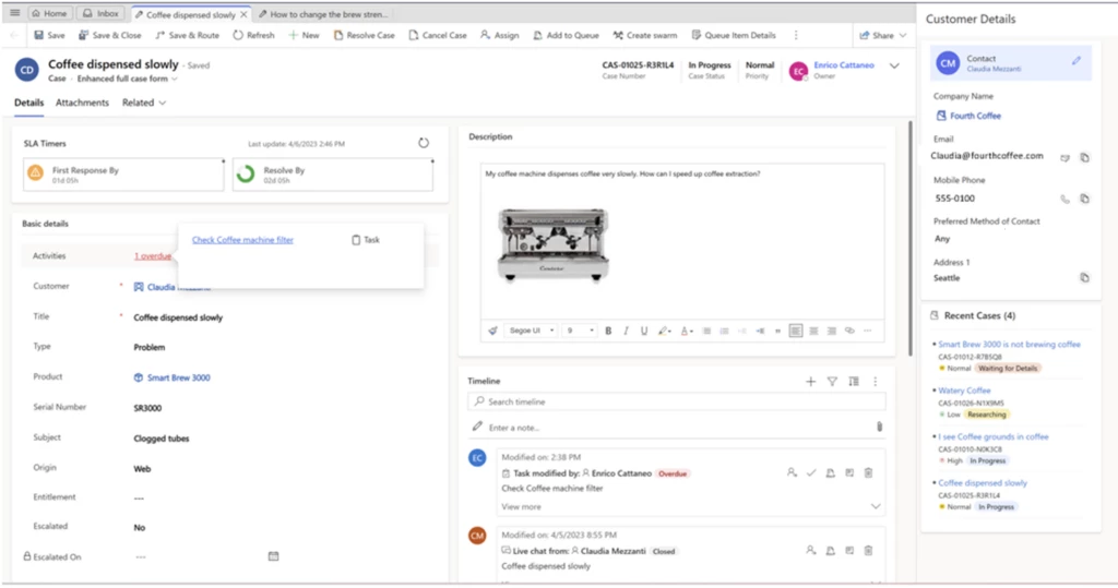 Enhanced case form showing a completed case with SLA timer and timeline