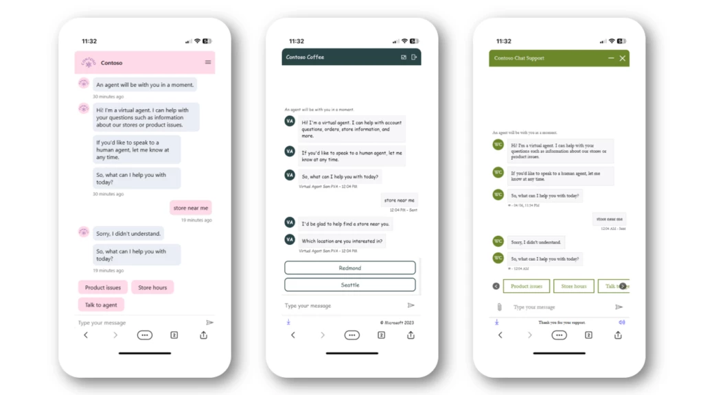 Three customized versions of the live chat widget, each representing a different branding style