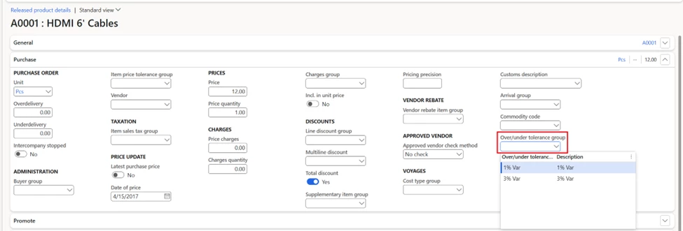 The value of this form will be used in Released Product > Purchase > Over/under tolerance group field.