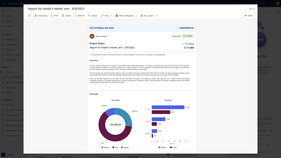 Screenshot showing Copilot within Dynamics 365 Project Operations that generates project status reports