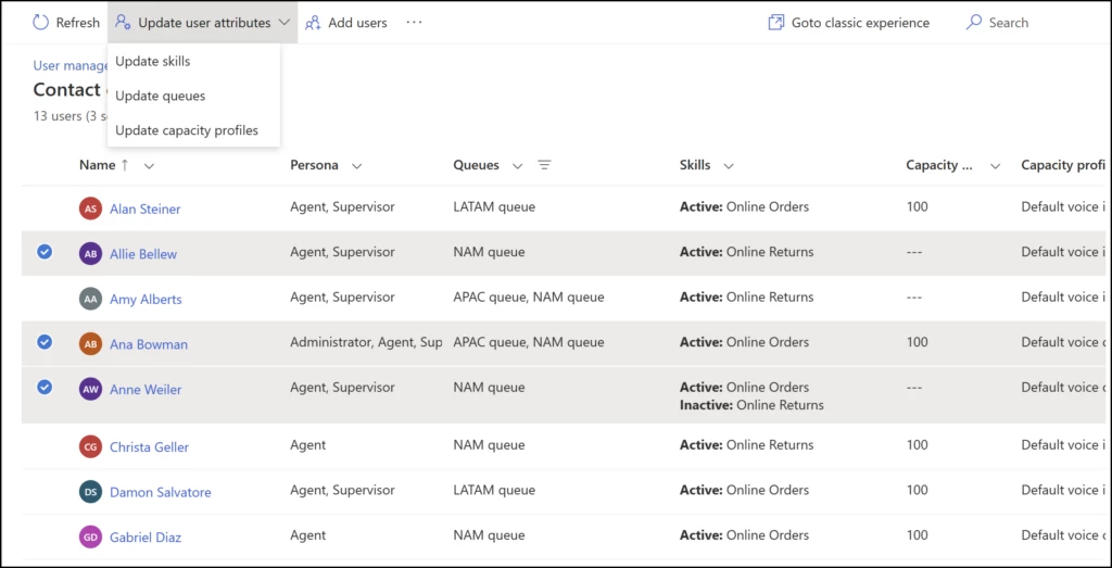 Screenshot of the enhanced user management page in Microsoft Dynamics 365 Customer Service.