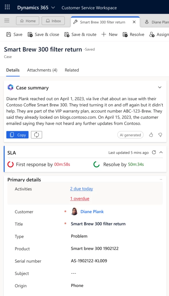 Copilot summarization of case in Customer Service workspace