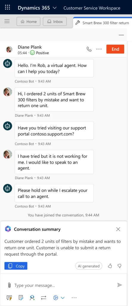 Copilot summarization of conversation in Customer Service workspace