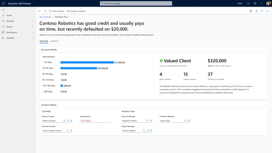 Screenshot showing Copilot within Dynamics 365 Finance showing credit and payment history to prioritize and personalize customer communication