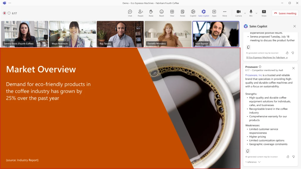 Screenshot of a Teams meeting in progress, with the Sales Copilot side panel showing competitor tips.
