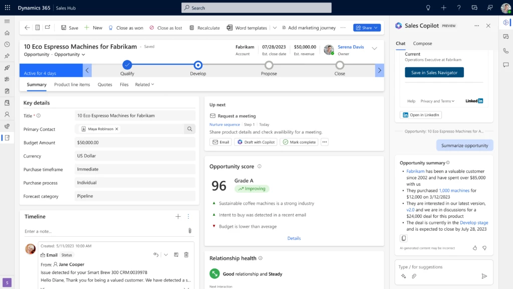 Screenshot of the Dynamics 365 Sales opportunity view, with the Sales Copilot side panel showing the opportunity summary view.
