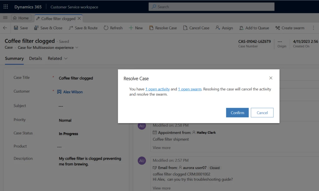 Pop-up window in Dynamics 365 Customer Service to enable the agent to resolve a case and the associated swarm