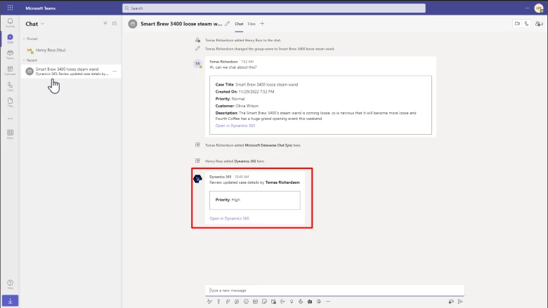 Microsoft Teams chat showing an update to the priority of a linked case