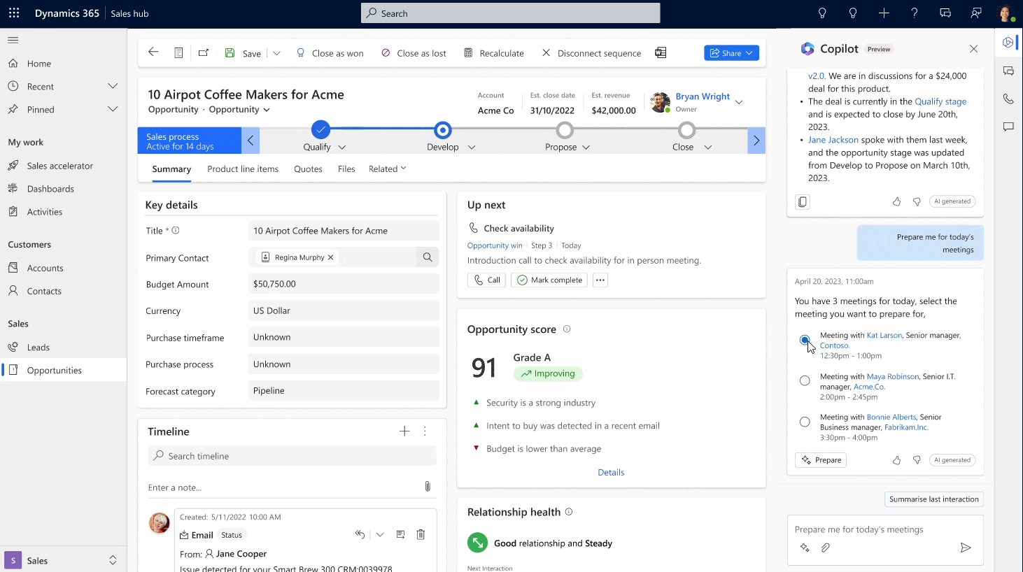 Easily prepare for meetings with summaries of relevant customer details from Microsoft Sales Copilot, including past meeting and email notes and action items, surfaced in Dynamics 365.