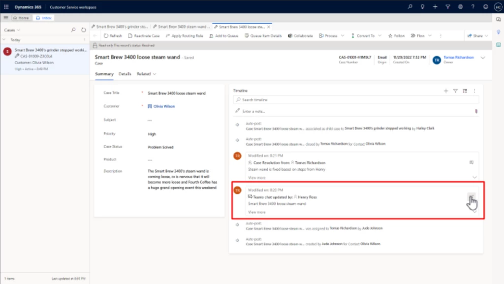 Dynamics 365 Customer Service timeline showing a Teams chat item