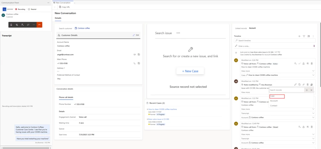 Agent workspace showing a drop-down list to link the note from the timeline on the conversation form to a case 