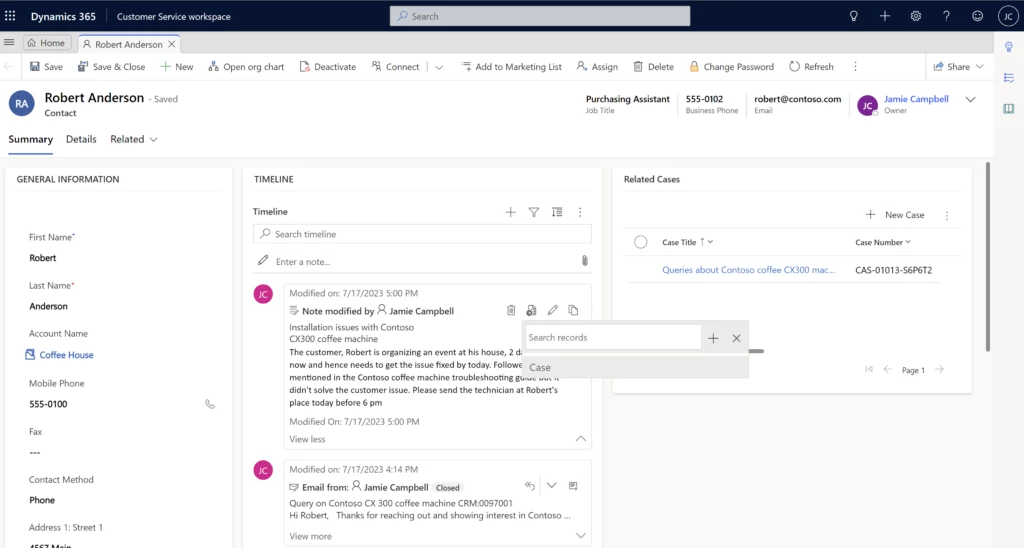 Agent workspace showing a drop-down list to link the note from the timeline on the contact form to a case 