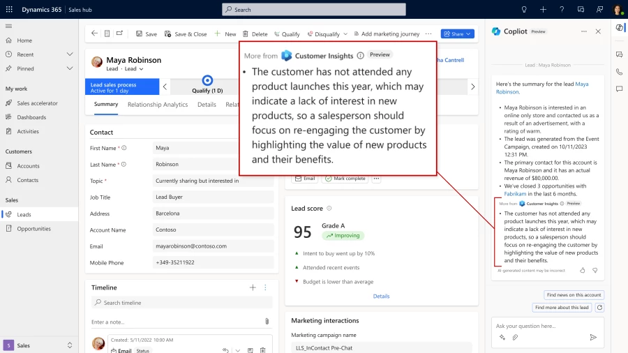 Dynamics 365 Sales screenshot showing a Copilot lead summary with information from Dynamics 365 Customer Insights &ndash; Data. 