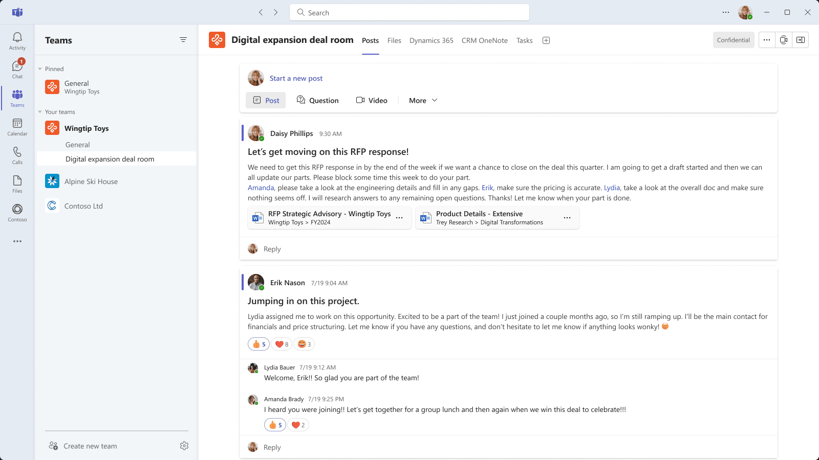 GIF showing AI-powered planner tasks in a Microsoft Teams deal room 