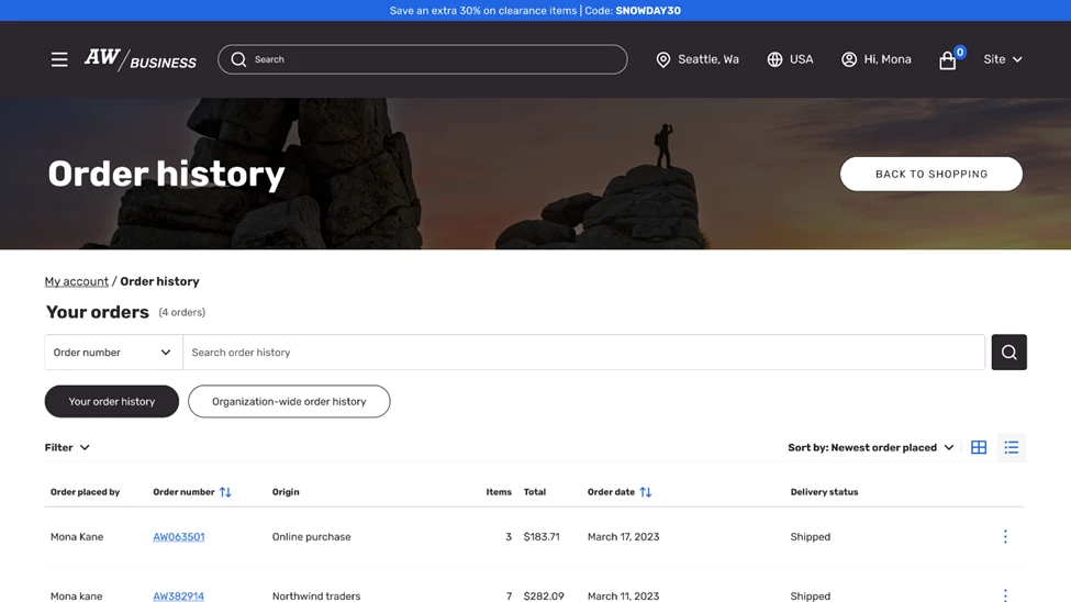 graphical user interface, website Image Unified  status pane for your B2B orders.. 
