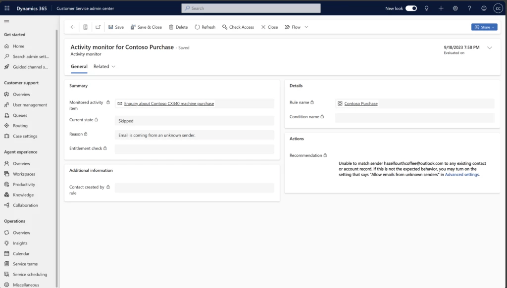 Customer Service admin center showing the activity monitor record form for a specific item