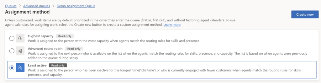 Dynamics 365 Customer Service Assignment method view with Least active selected