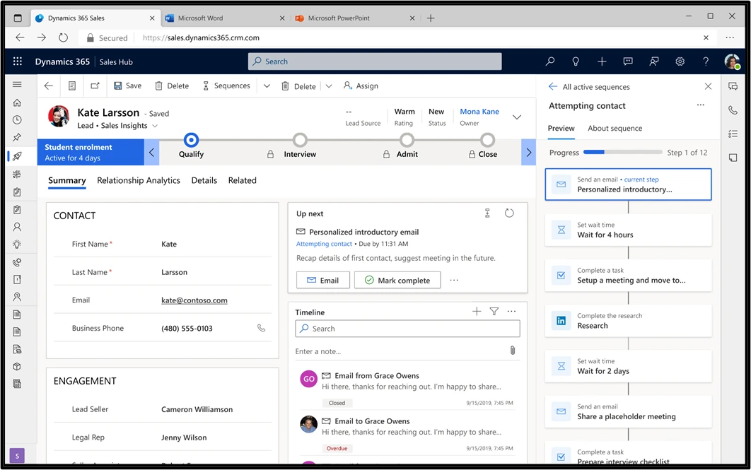 sales hub lead view with a sidebar showing active sequences and upnext widget in the middle of the screen.