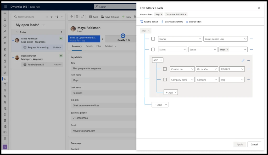 Dynamics 365 Sales hub view with a side-pane open for advanced filtering options