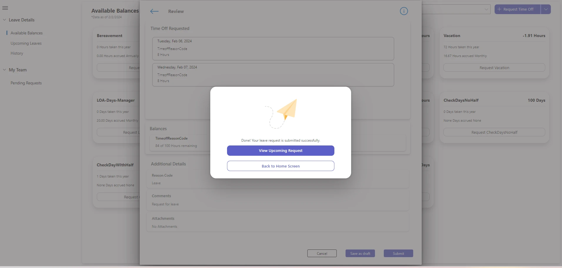 Screenshot of successful submission of time
