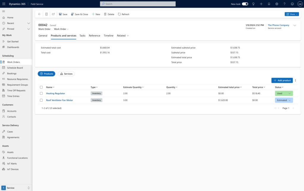 New work order form - Product and services tab