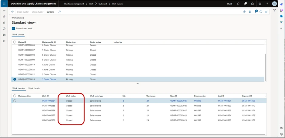 Image: Work Clusters status closed.