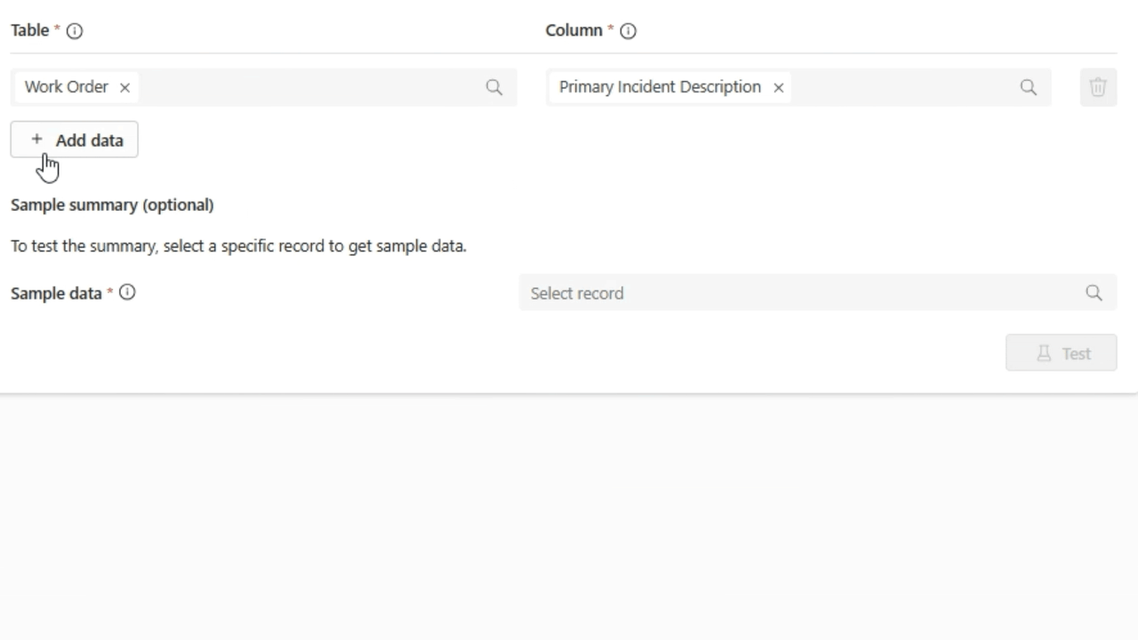 Animation illustrating selecting columns in related tables to configure the work order summary.
