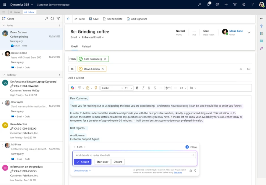 Agent using Copilot inline right within email editor.