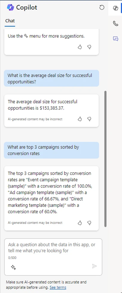 Screenshot of the Copilot chat pane in Dynamics 365 Sales showing two natural-language queries and their answers.