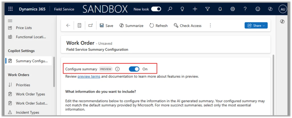 Screenshot of the Field Service Summary Configuration page, with the Configure summary option highlighted.