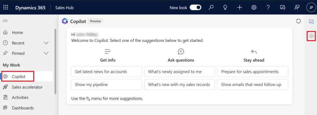 Screenshot of Copilot in the Sales Hub app site map.