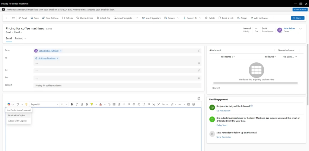 Email screen in Sales Hub showing how to choose Copilot to draft emails