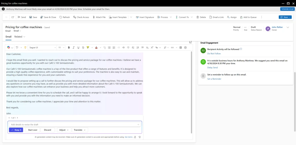 Email page in Sales Hub showing an example of an email drafted with Copilot