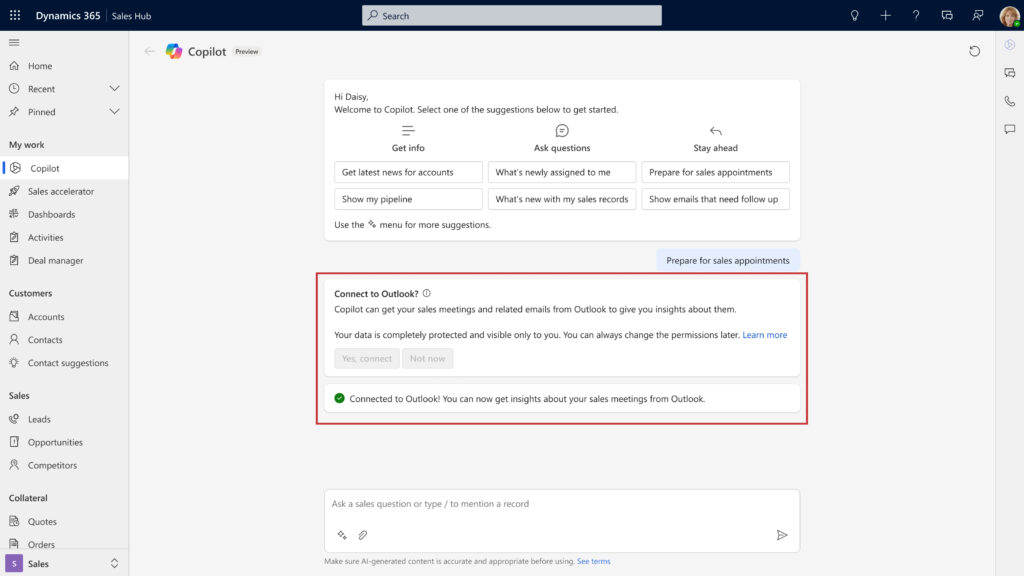 Sales Hub Copilot landing page with an option to connect to Outlook