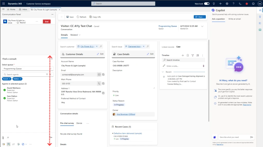Skill-based search in Dynamics 365 Customer Service workspace with larger window