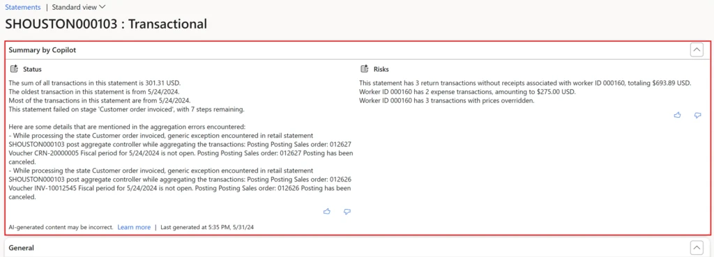 Screenshot of the Copilot statement issue summary in Dynamics 365 Commerce.