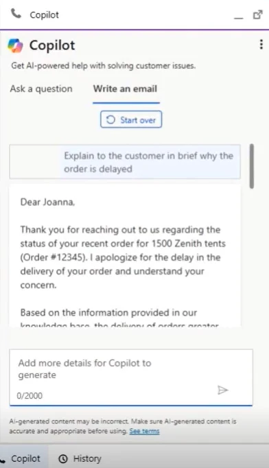 Copilot for Service write an email feature