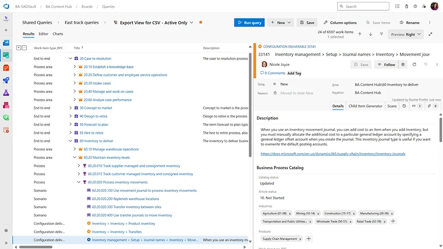 Business process catalog with work item detail view in Azure DevOps