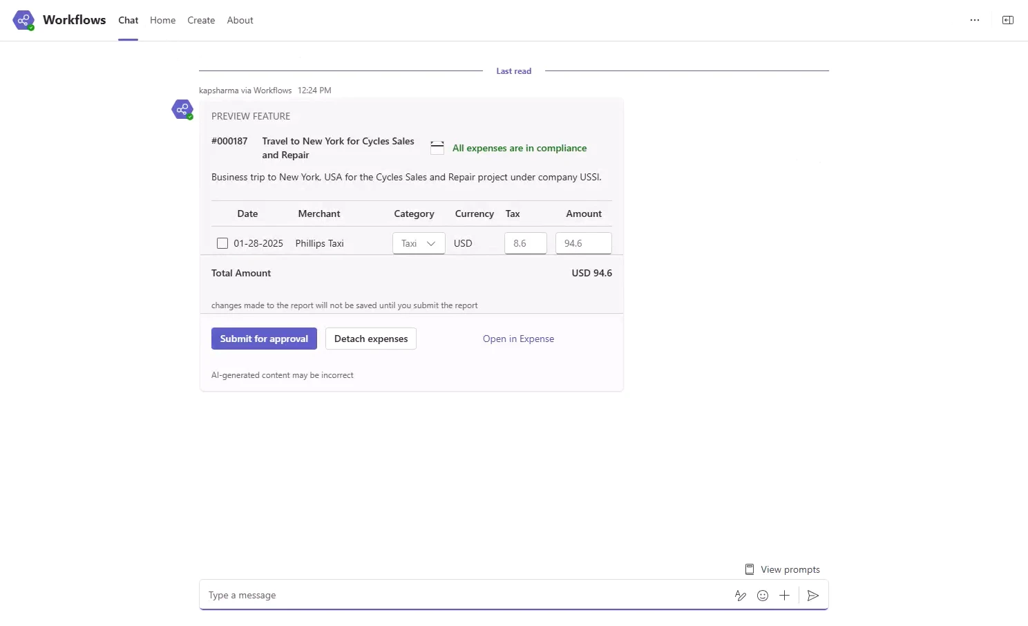 Expense summary and approval ready to submit in Microsoft Teams