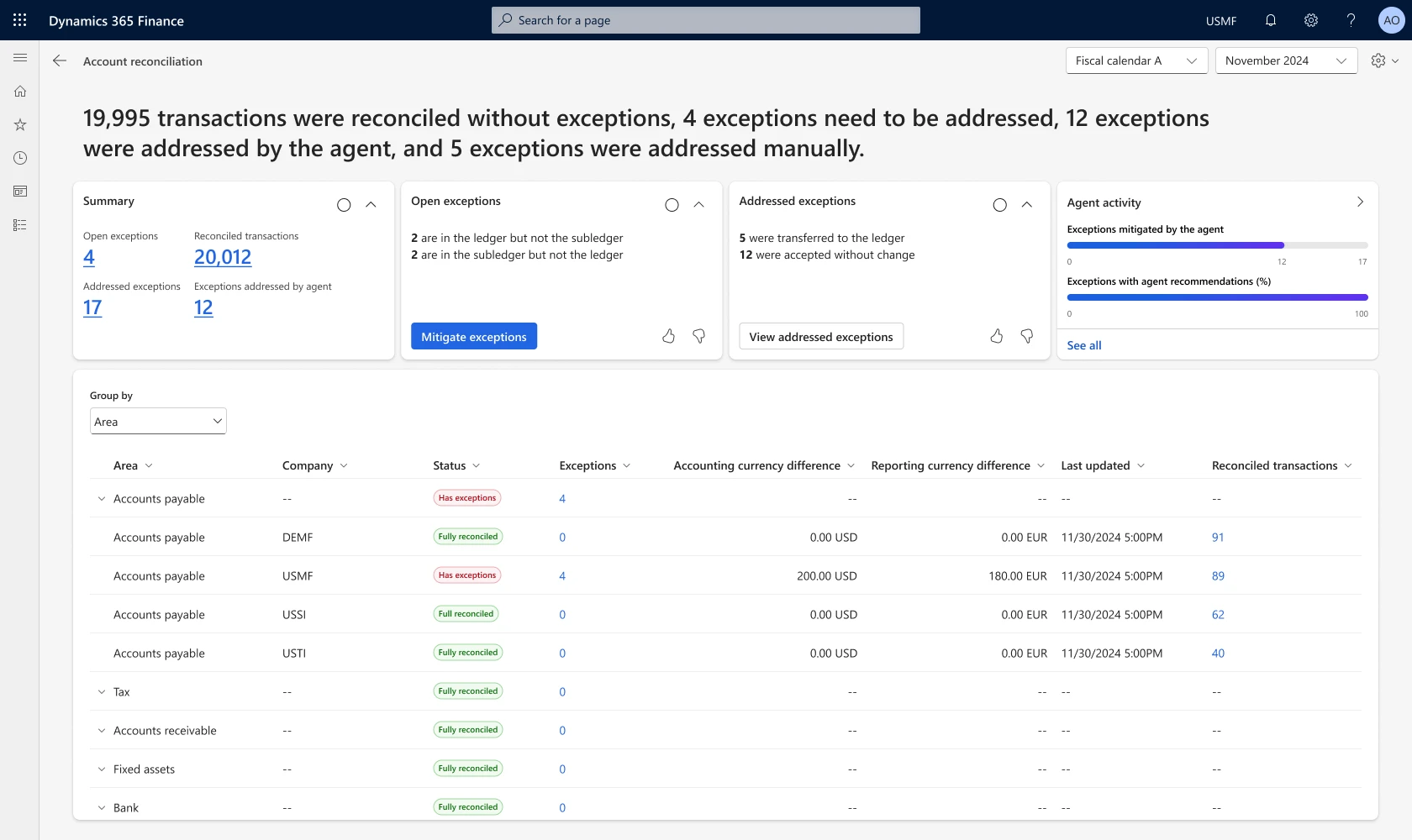 Account Reconciliation agent summary page showing exceptions