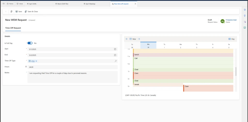 Time Off Request tab in Dynamics 365 Contact Center