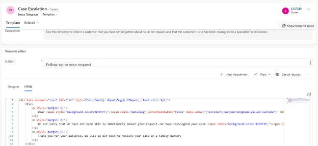 The modern email template editor in Dynamics 365 Customer Service