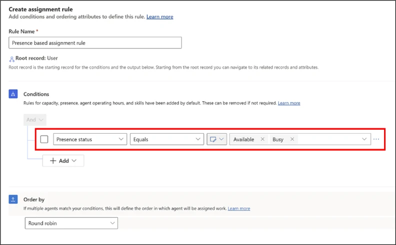 Unified routing assignment rules with conditions for presence status