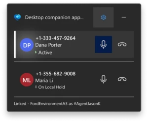 Desktop Companion Application (DCA) showing calls on hold and inactive calls with phone numbers and connectivity status