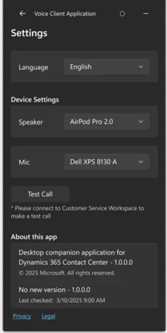 Desktop Companion Application (DCA) settings including language, device settings, and about information