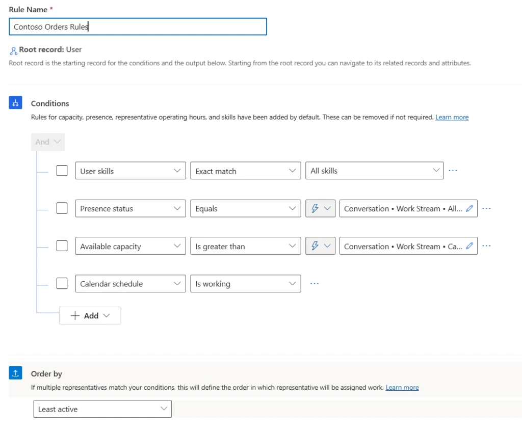 Least active routing used as an Order by condition under the Conditions list