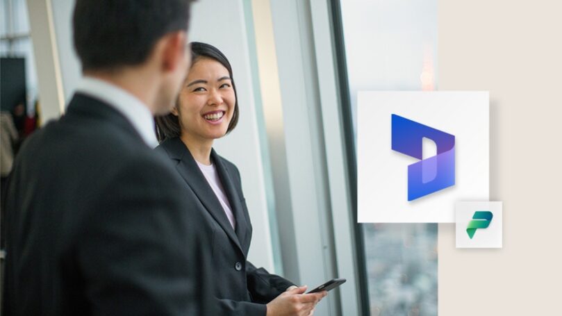 A woman looking at a man in a corporate setting. The image includes the Dynamics 365 logo and the Power Platform logo.