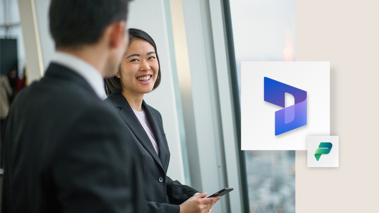 A woman looking at a man in a corporate setting. The image includes the Dynamics 365 logo and the Power Platform logo.
